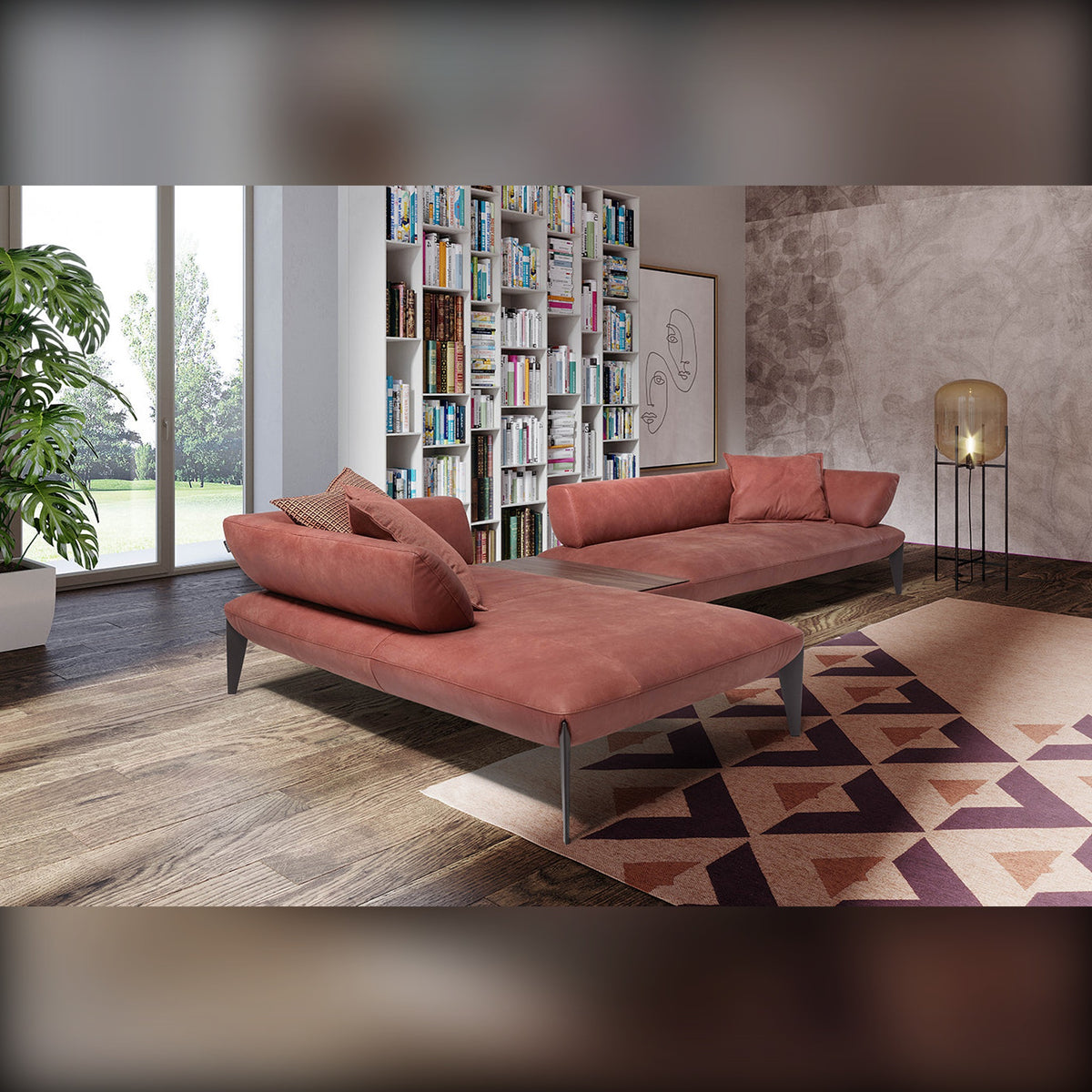 Avenue Domestica – Lifestyle – With Patterned Rug and Bookshelves