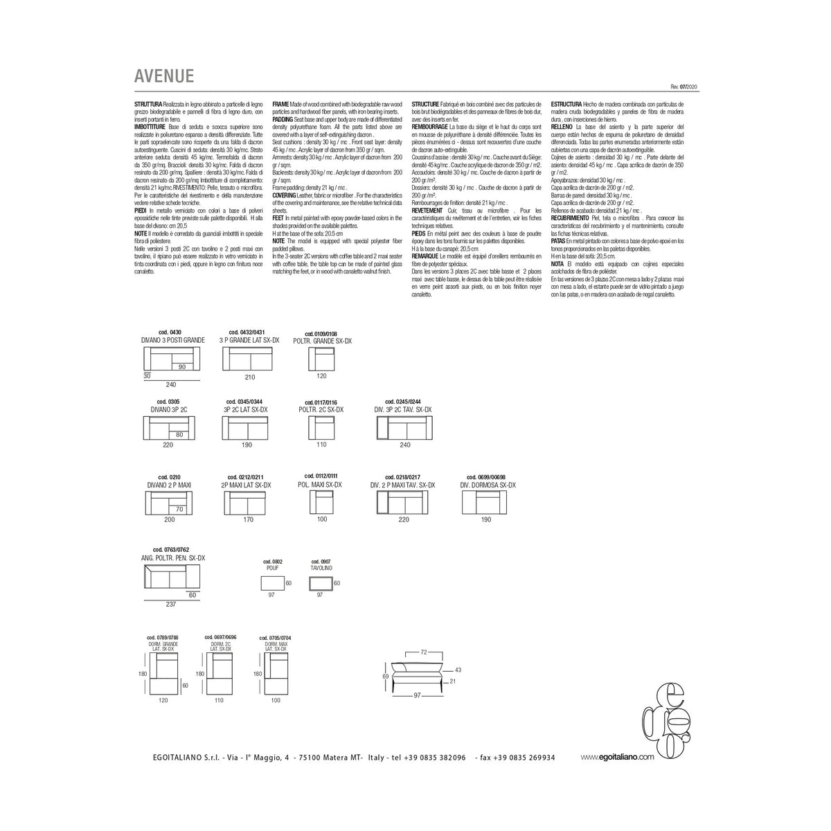 Divano Avenue Composizione Terracotta Domestica – Dimensions Sheet