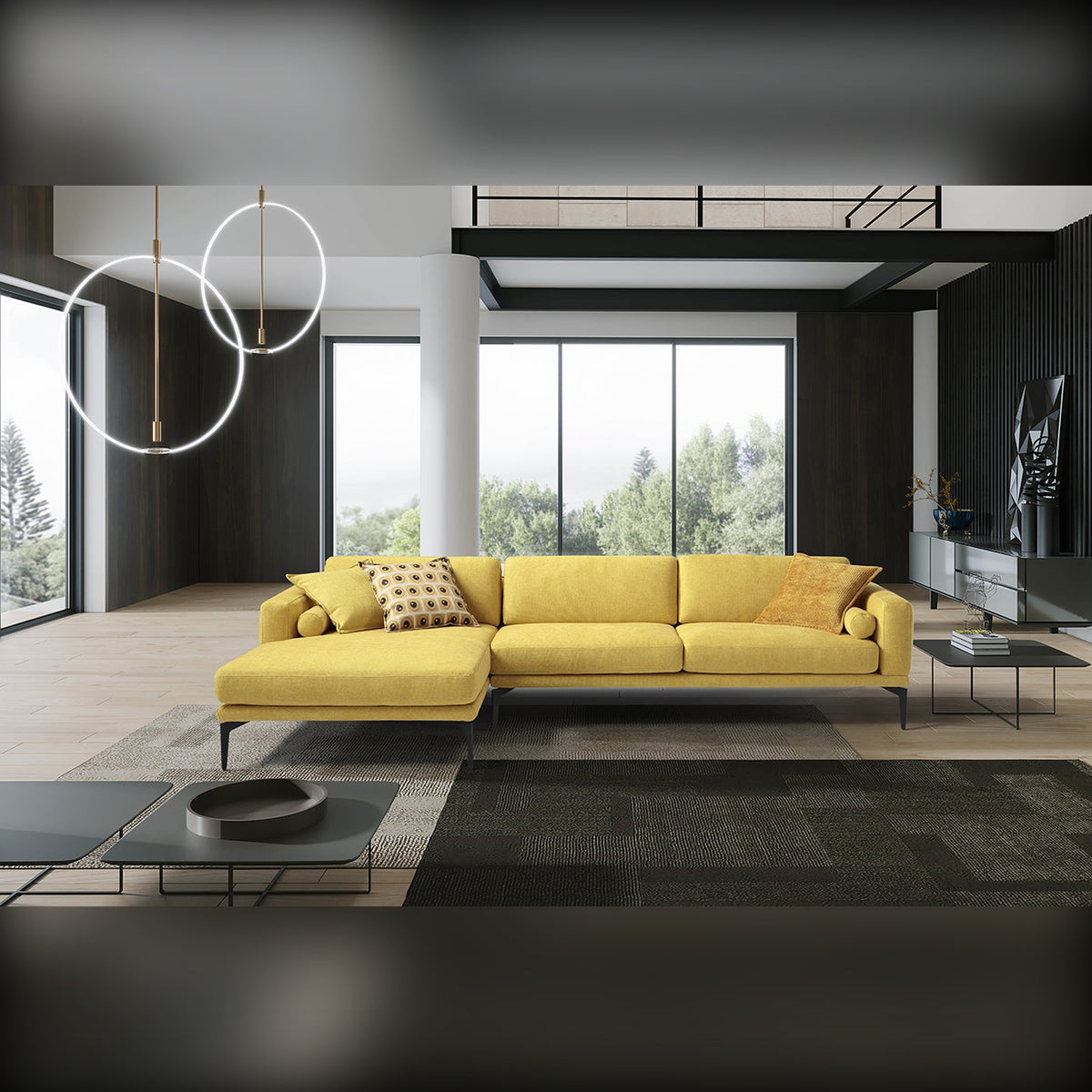 Masù Domestica – Lifestyle – Yellow Chaise Sofa in a Dark Modern Room