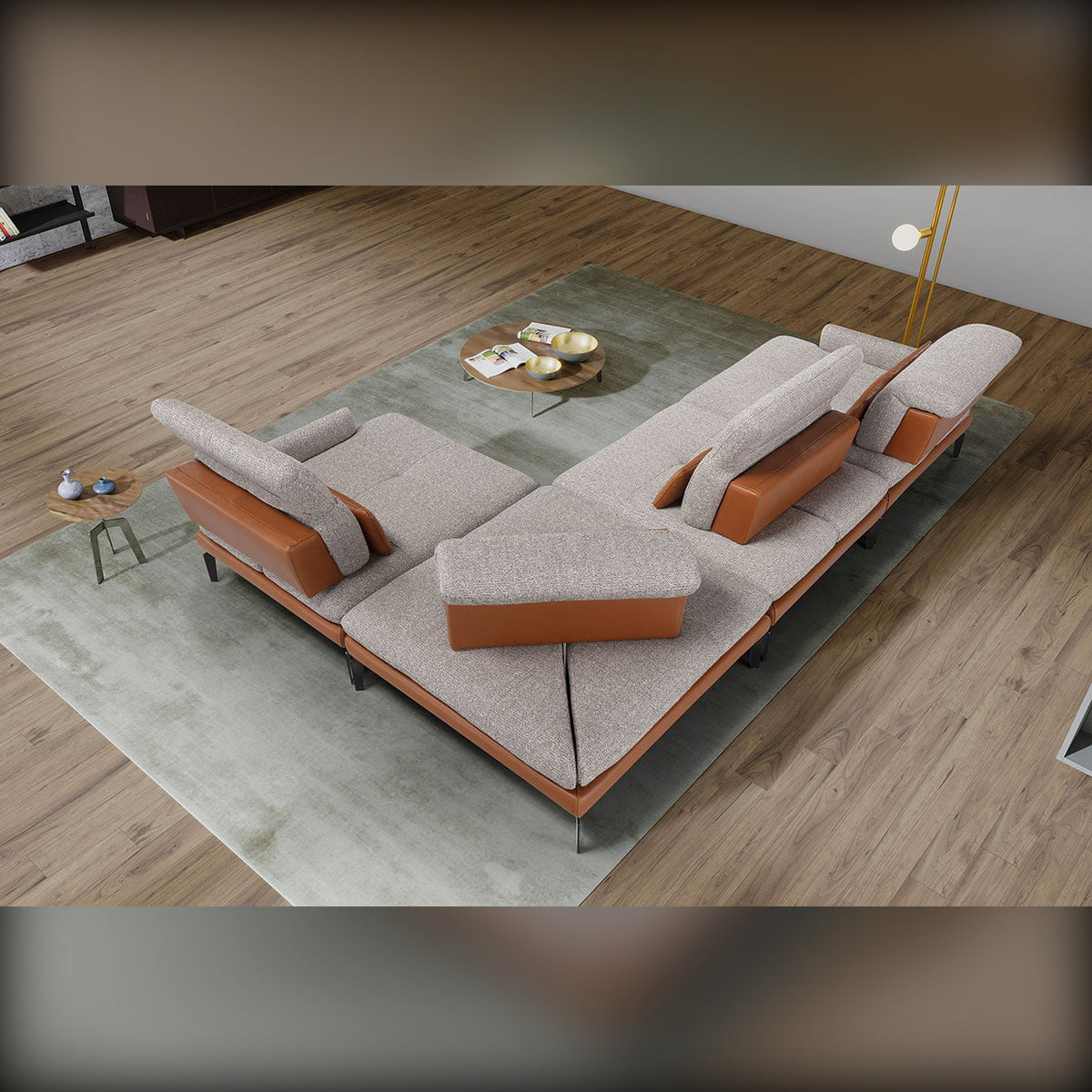 Jaclyn Domestica – Lifestyle – Overhead View of Tan and Grey Configuration on a Wooden Floor
