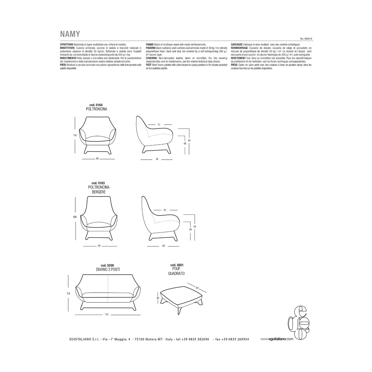 Divanetto Namy 2P Ocra Domestica – Dimensions Sheet Poltroncina Bergere Pouf