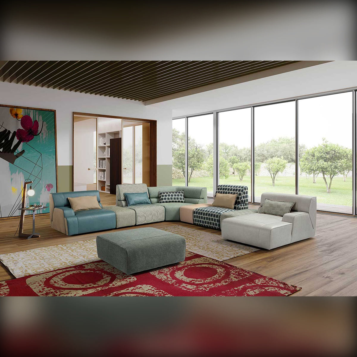 Babouche Domestica – Lifestyle – Multicoloured Configuration in a Living Room with Garden View