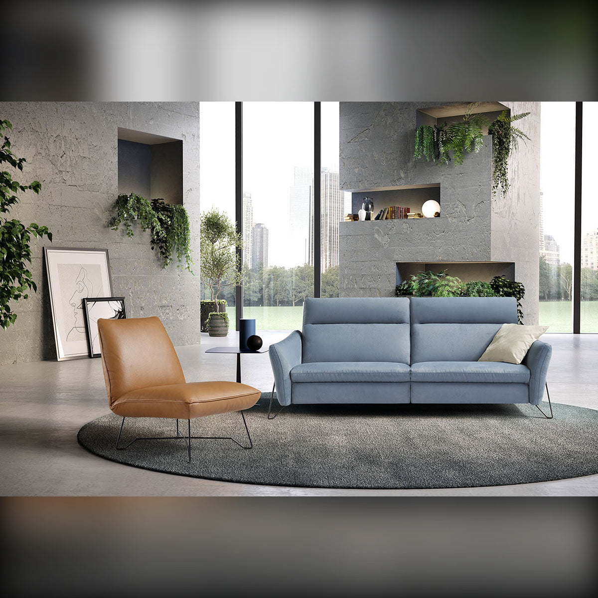 Divano Gaia 2P Steel Blue Domestica – Lifestyle Penthouse with Lia Armchair