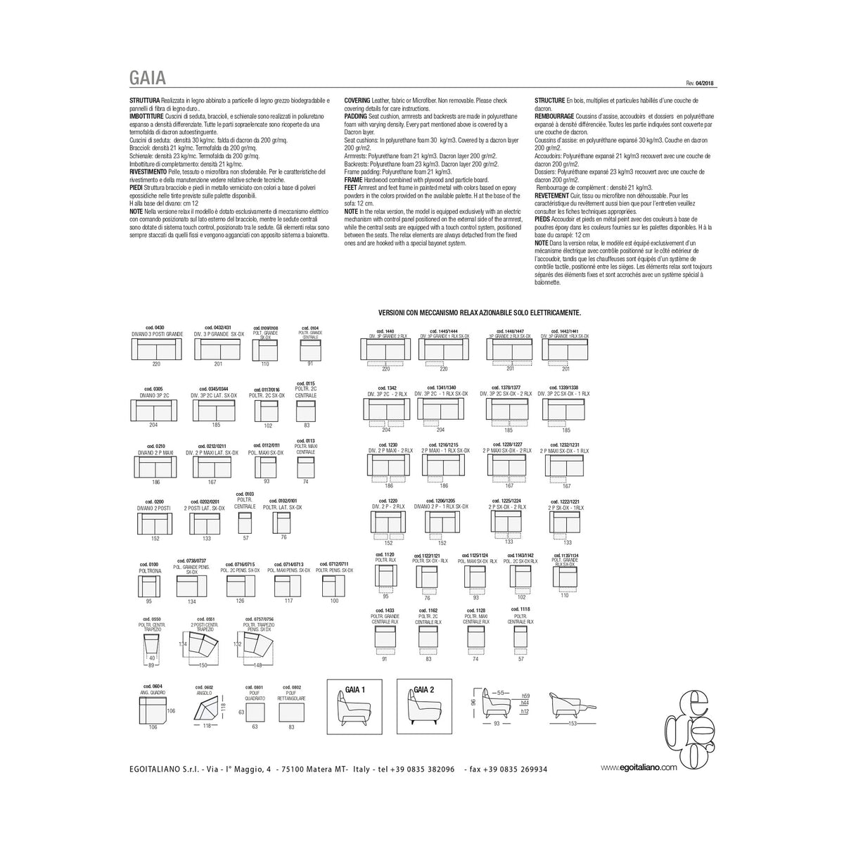 Divano Gaia Composizione Steel Blue Domestica – Dimensions Sheet