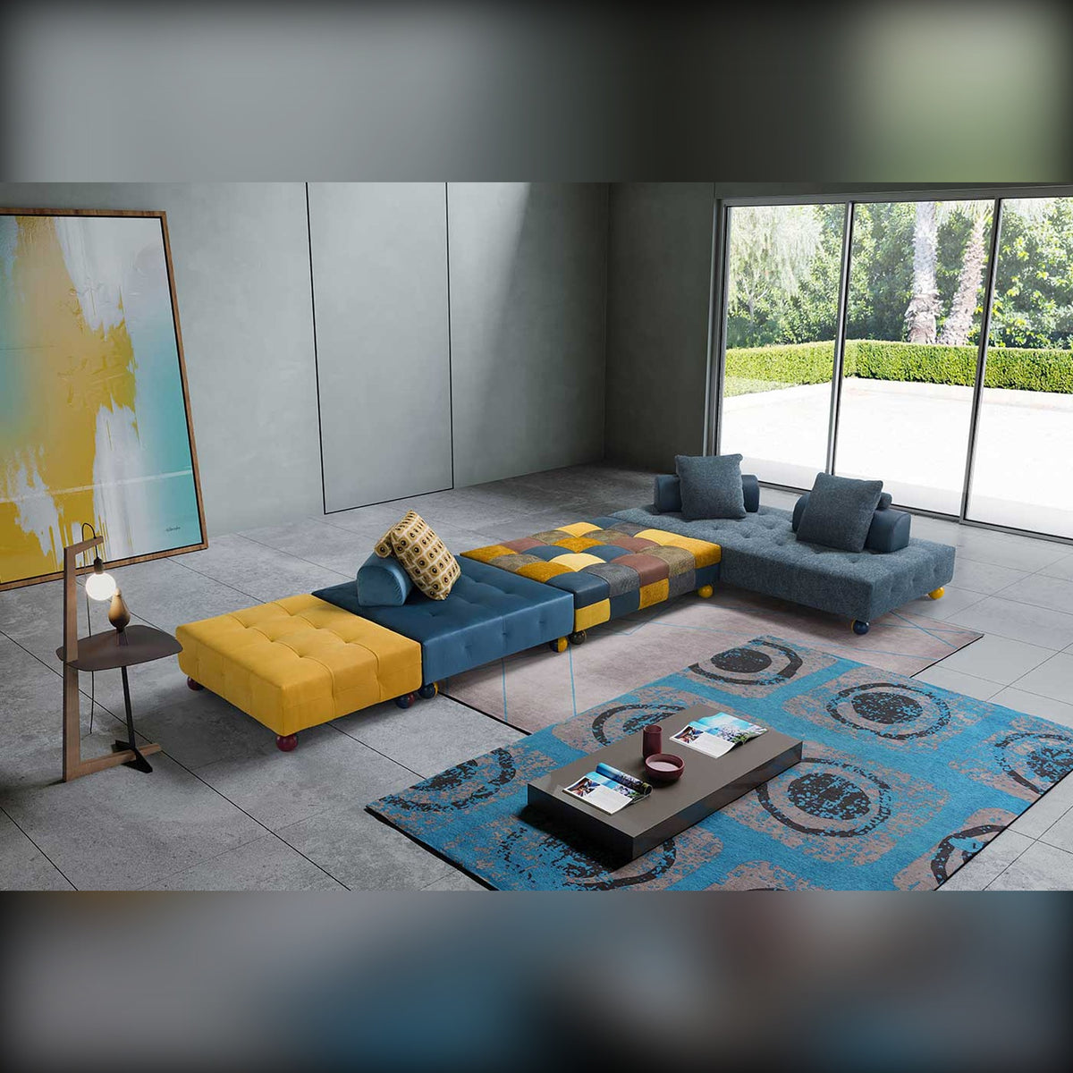 L'ego Domestica – Lifestyle – Blue and Yellow Modular Configuration on a Teal Rug