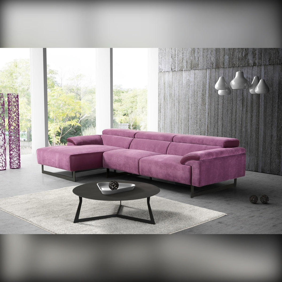 Malika Domestica – Lifestyle – Pink Chaise Sofa with Black Coffee Table