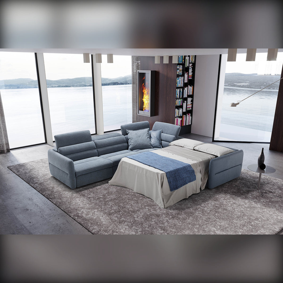 Mixtape Domestica – Lifestyle – Opened as a Bed in a Living Room with Lake View