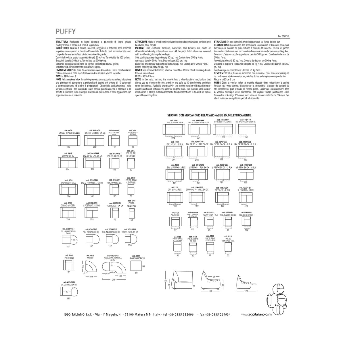Divano Puffy 3P Rosa Domestica – Dimensions Sheet