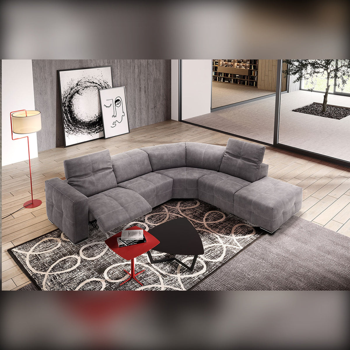 Sauvanne Domestica – Lifestyle – Grey Corner Sofa on a Patterned Rug