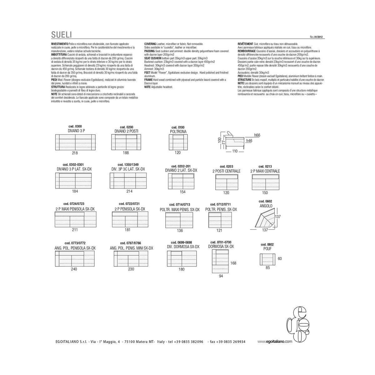 Divano Sueli 3P Grigio Bicolore Domestica – Dimensions Sheet Full Range Fixed Versions