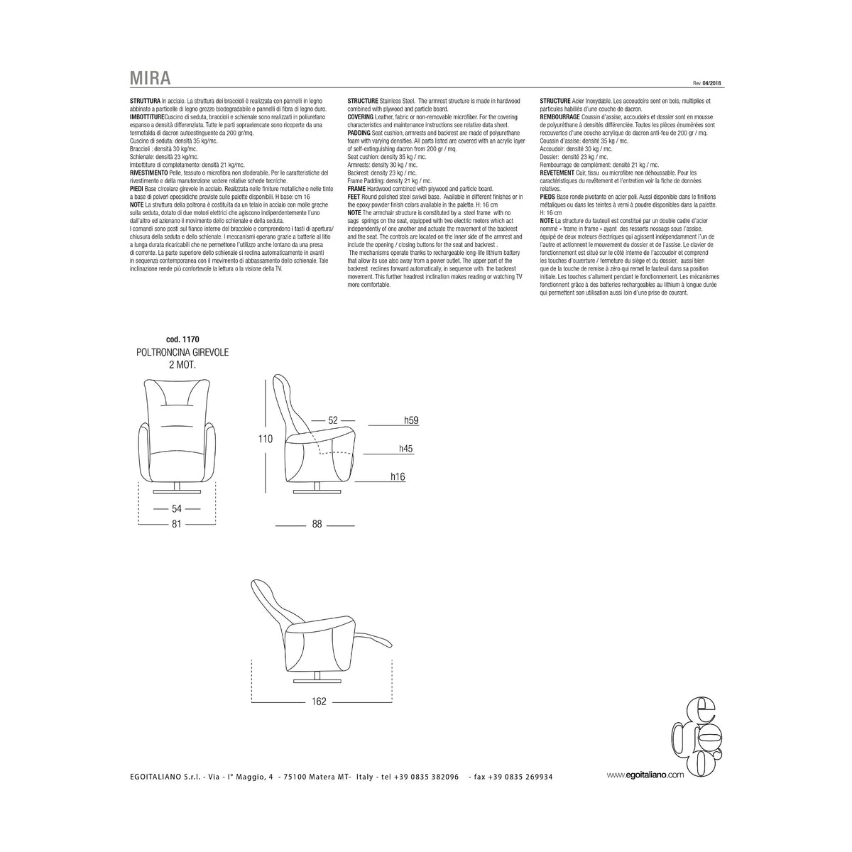 Armchair Mira Relax Red Domestica – Dimensions Sheet