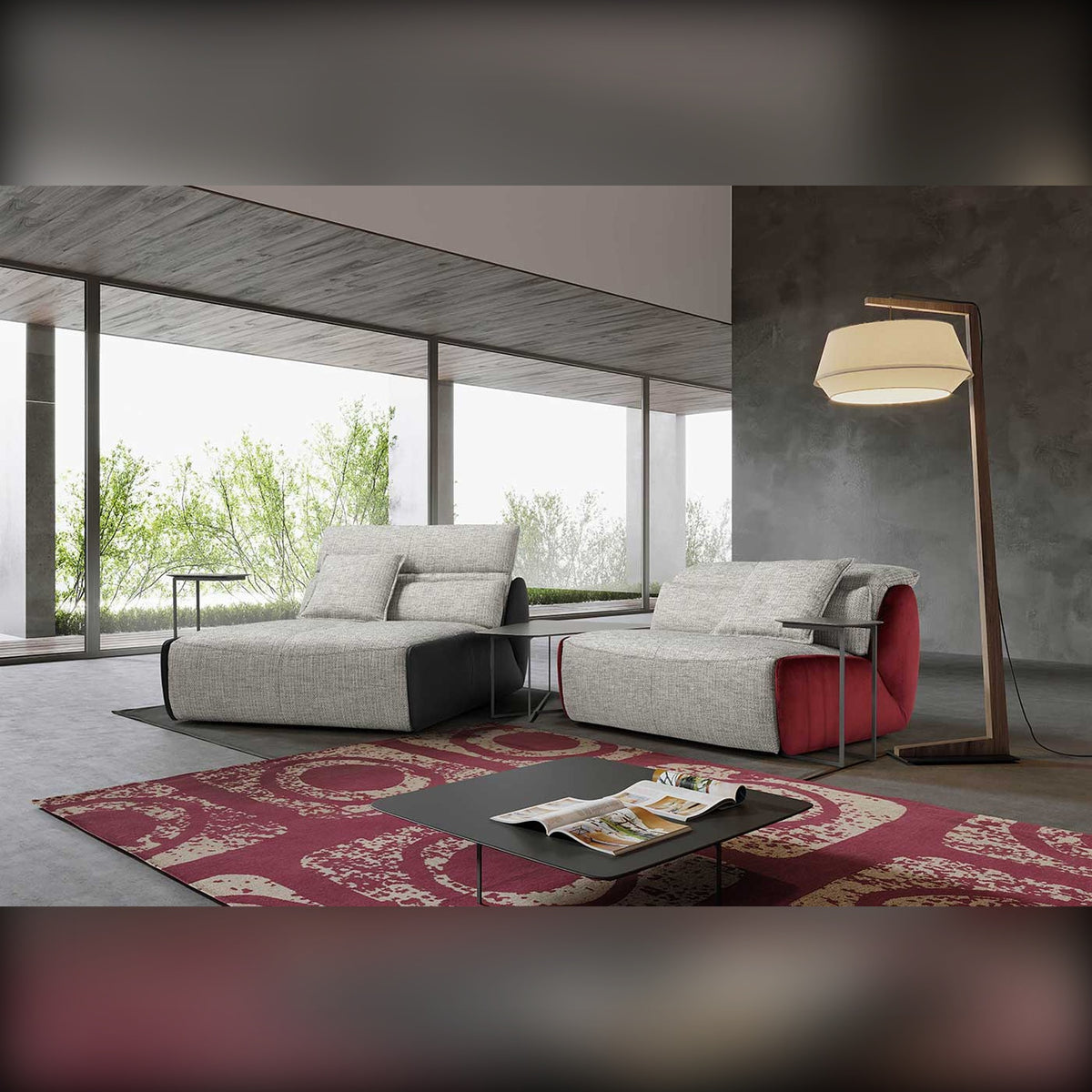Selfy Domestica – Lifestyle – Grey and Red Pieces in a Living Room with Garden View