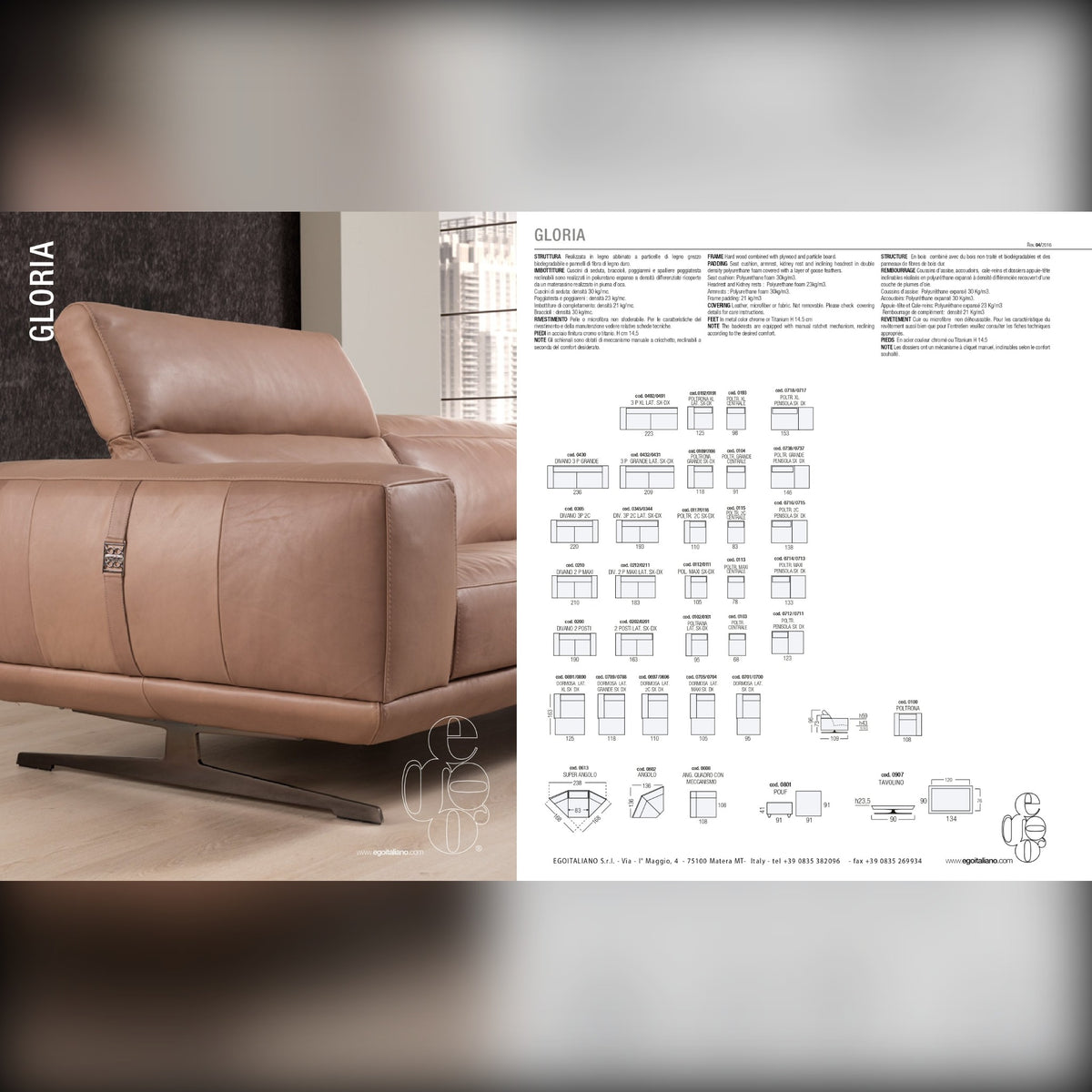 Divano Gloria Slim 2P Chaise Blue Domestica – Dimensions Sheet