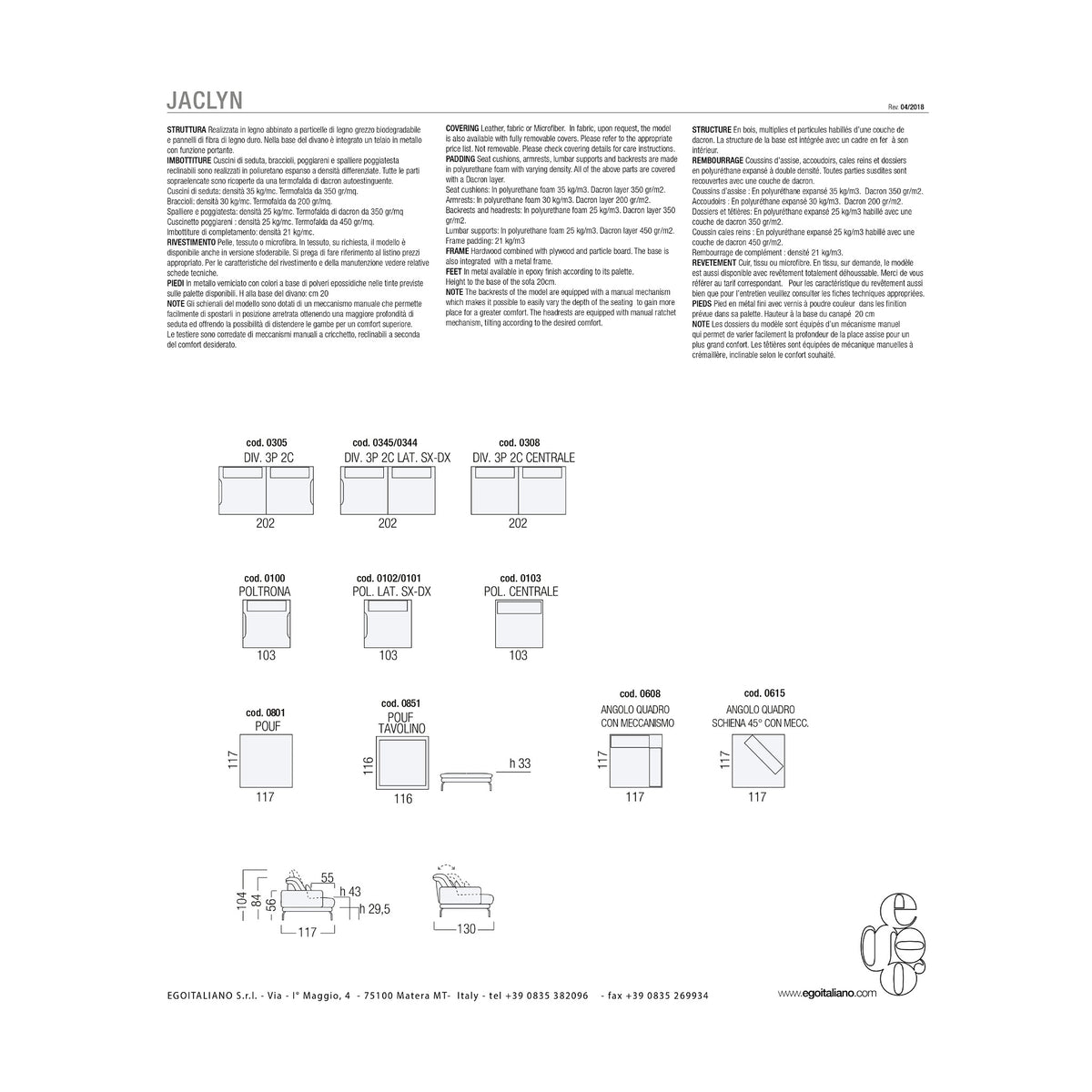 Divano Jaclyn 3P Graphite Domestica – Dimensions Sheet