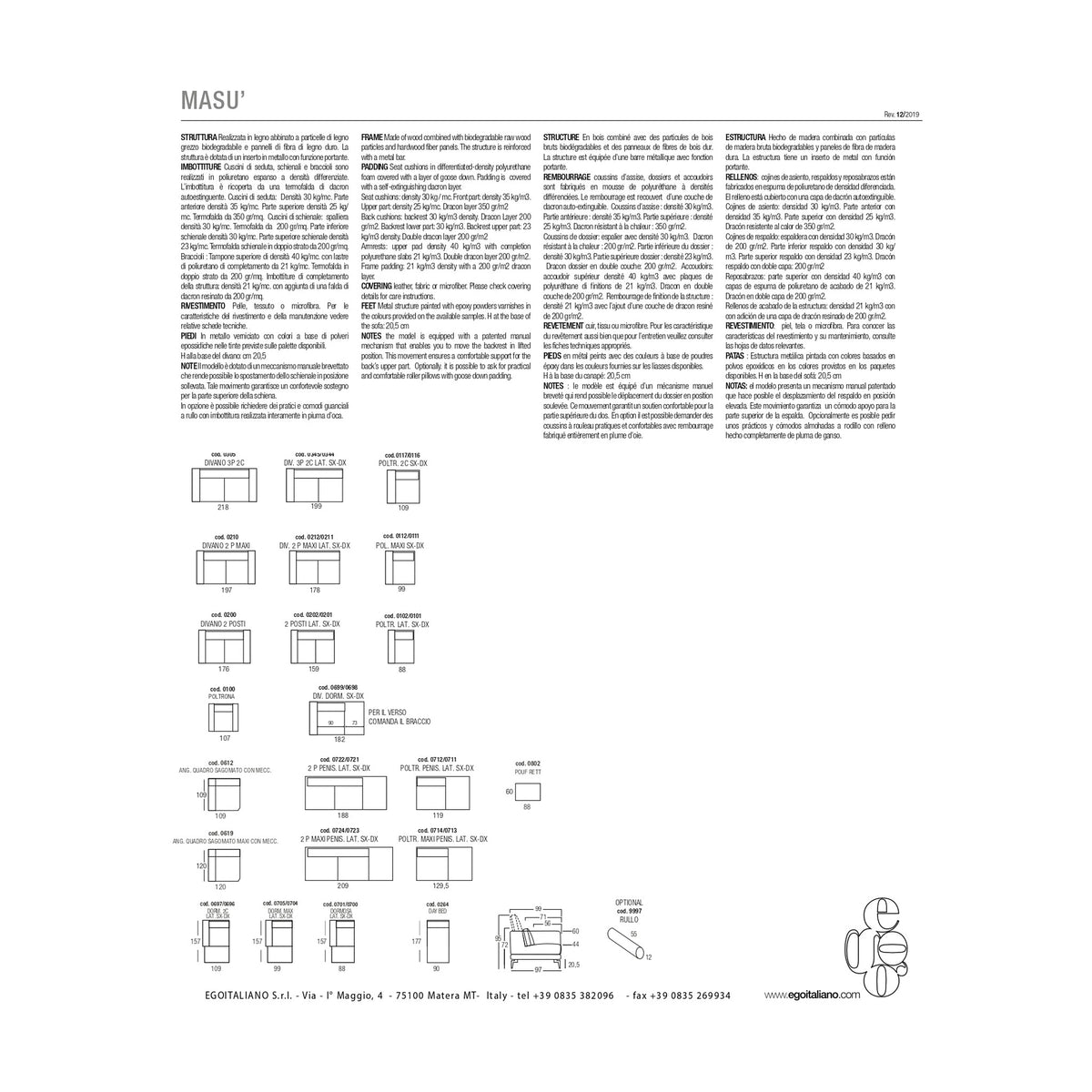 Divano Angolare Masù Yellow Domestica – Dimensions Sheet