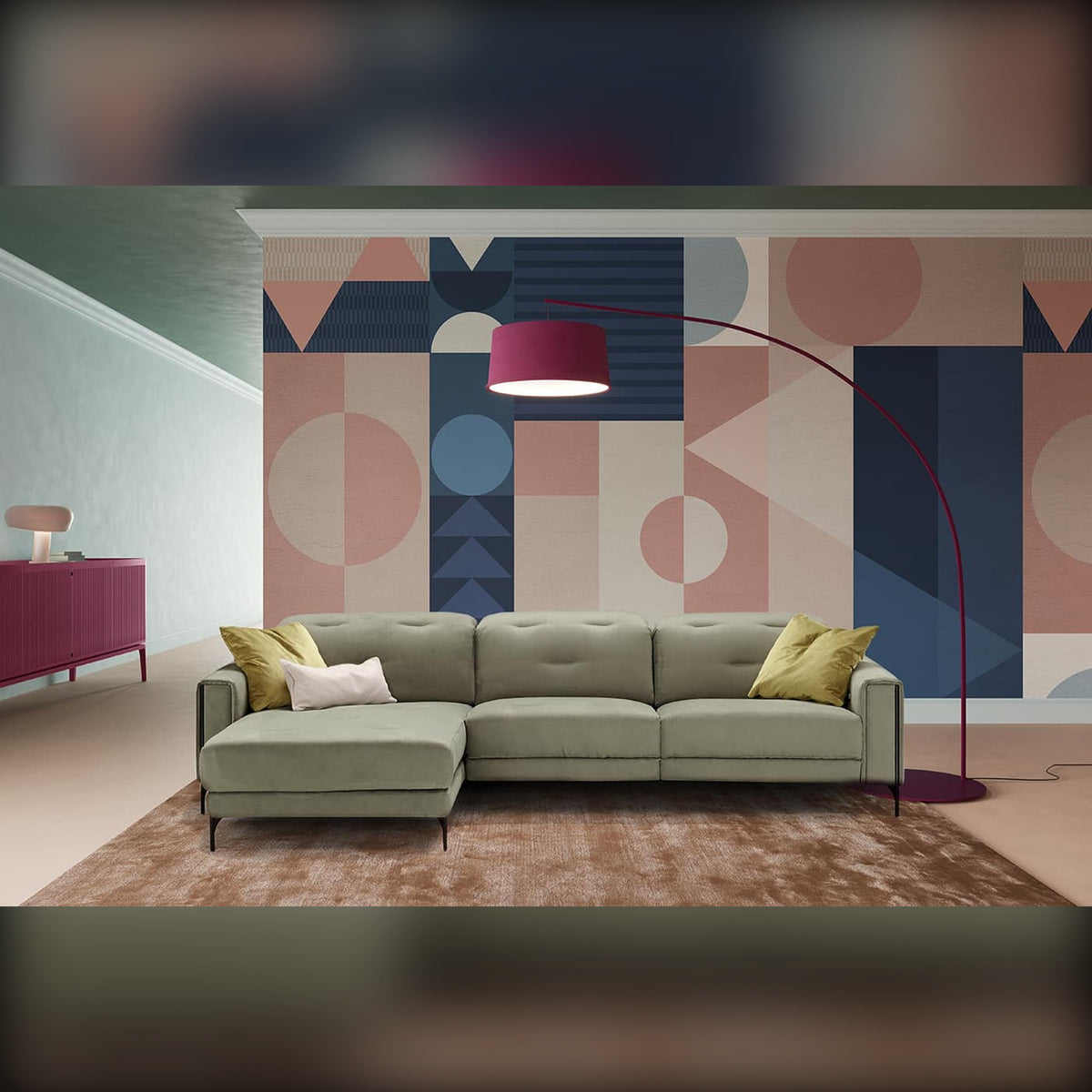 Arnold Domestica – Lifestyle – Green Chaise Sofa in Front of a Geometric Mural