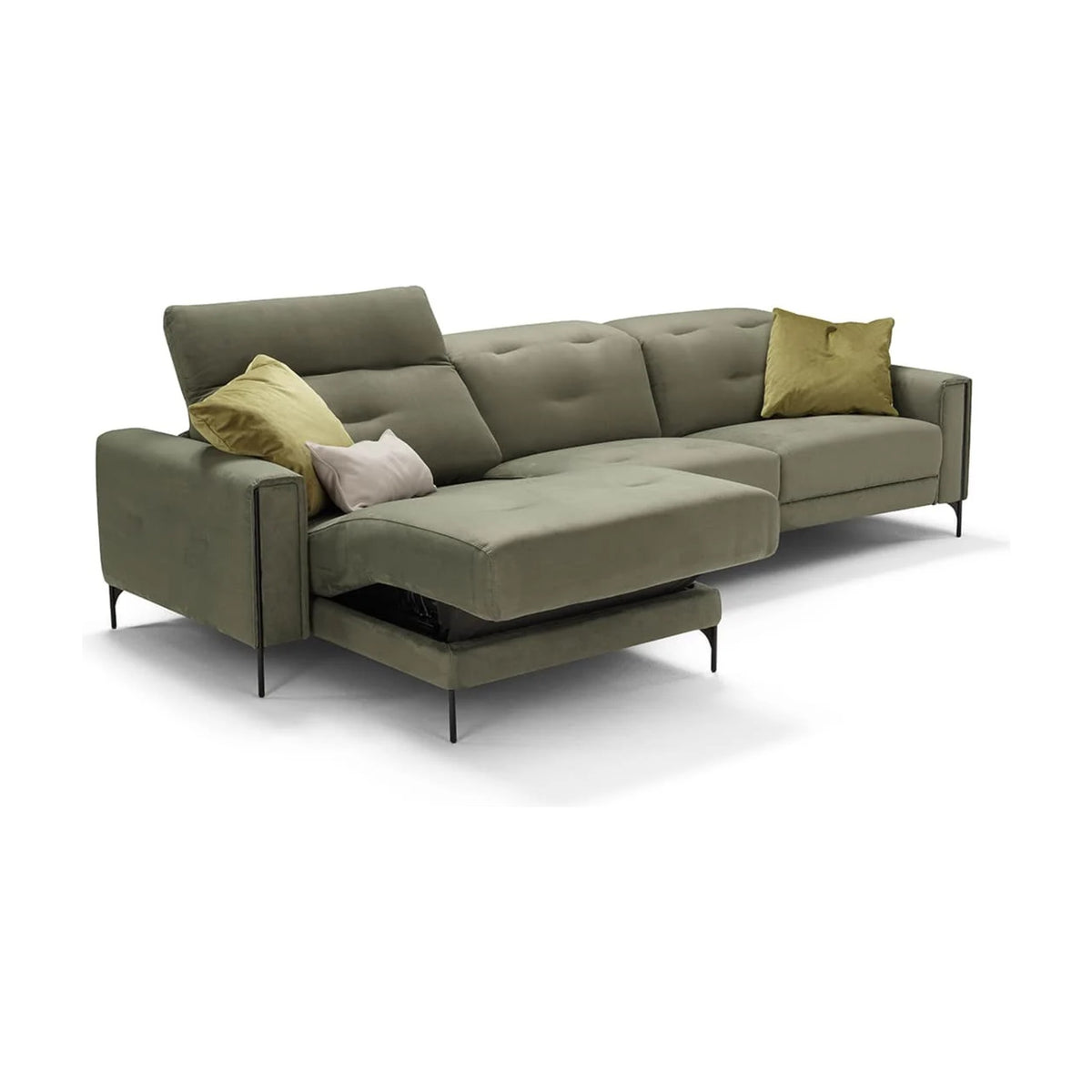 Arnold Domestica – Chaise Sofa with Raised Headrest and Chaise Storage Open, Three Quarter View on White