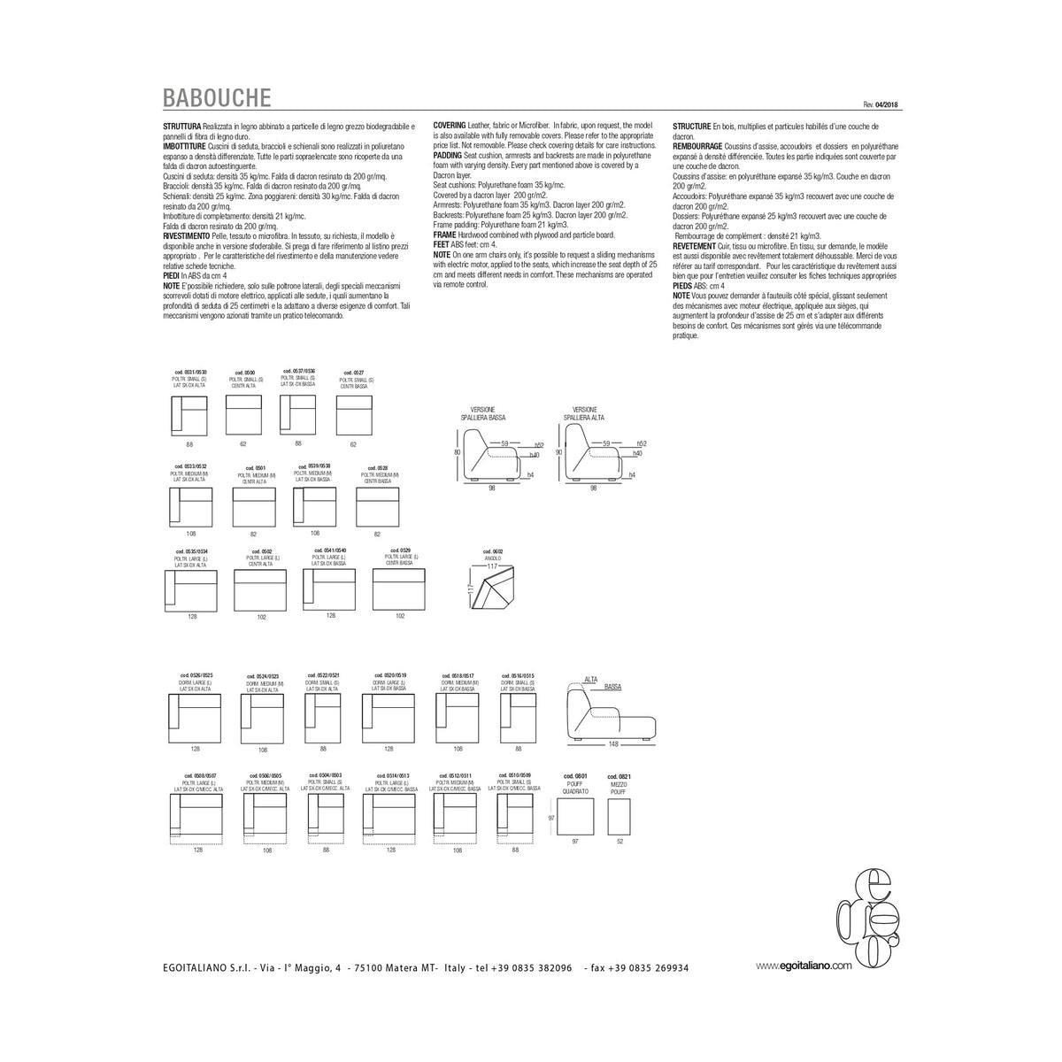 Divano Babouche Composizione Multicolour Domestica – Dimensions Sheet