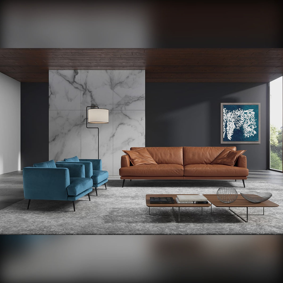Sophia Domestica – Lifestyle – Blue and Cognac Sofas by a Marble Wall