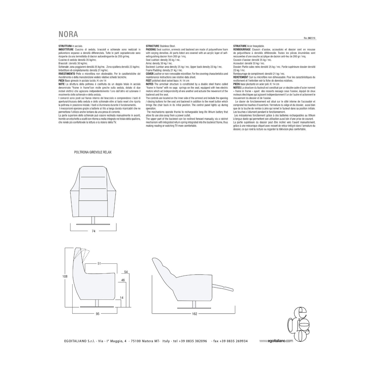Armchair Nora Relax Pearl Domestica – Dimensions Sheet
