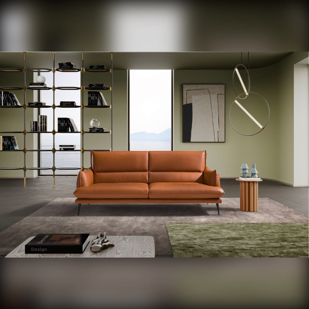 Funny Domestica – Lifestyle – Orange Leather Sofa in a Living Room with Shelving