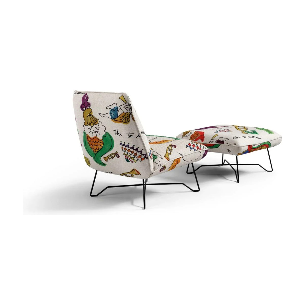Lia Domestica – With Footstool in Patterned Fabric, Side Three Quarter View on White