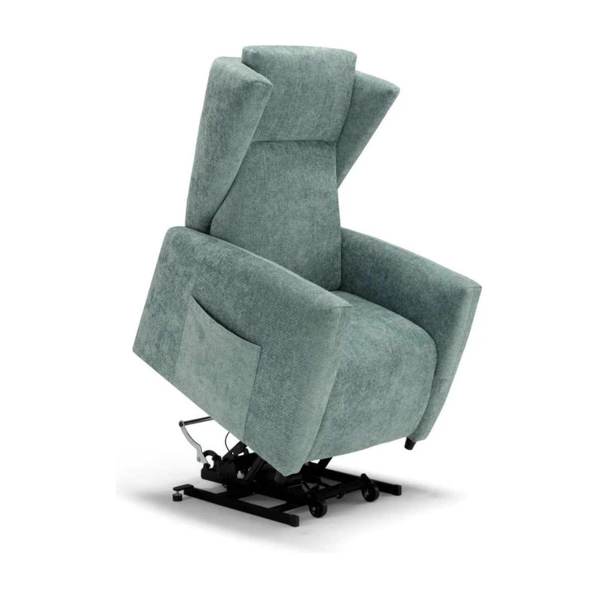 Lift Recliner Armchair Orson Light Blue Domestica – Lift Function Raised, Three Quarter View on White
