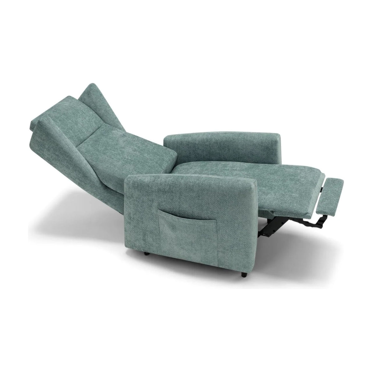 Lift Recliner Armchair Orson Light Blue Domestica – Fully Reclined, Three Quarter View on White