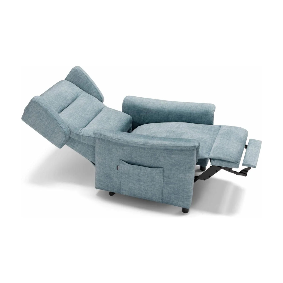 Lift Recliner Armchair Ester Light Blue Domestica – Fully Reclined, Three Quarter View on White