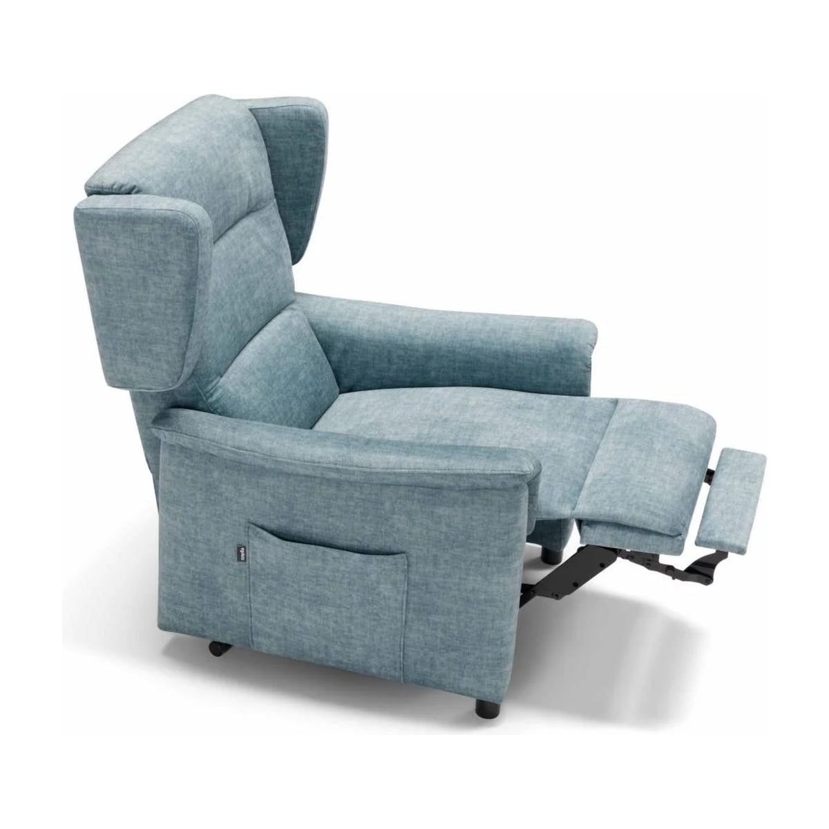 Lift Recliner Armchair Ester Light Blue Domestica – Footrest Raised, Three Quarter View on White
