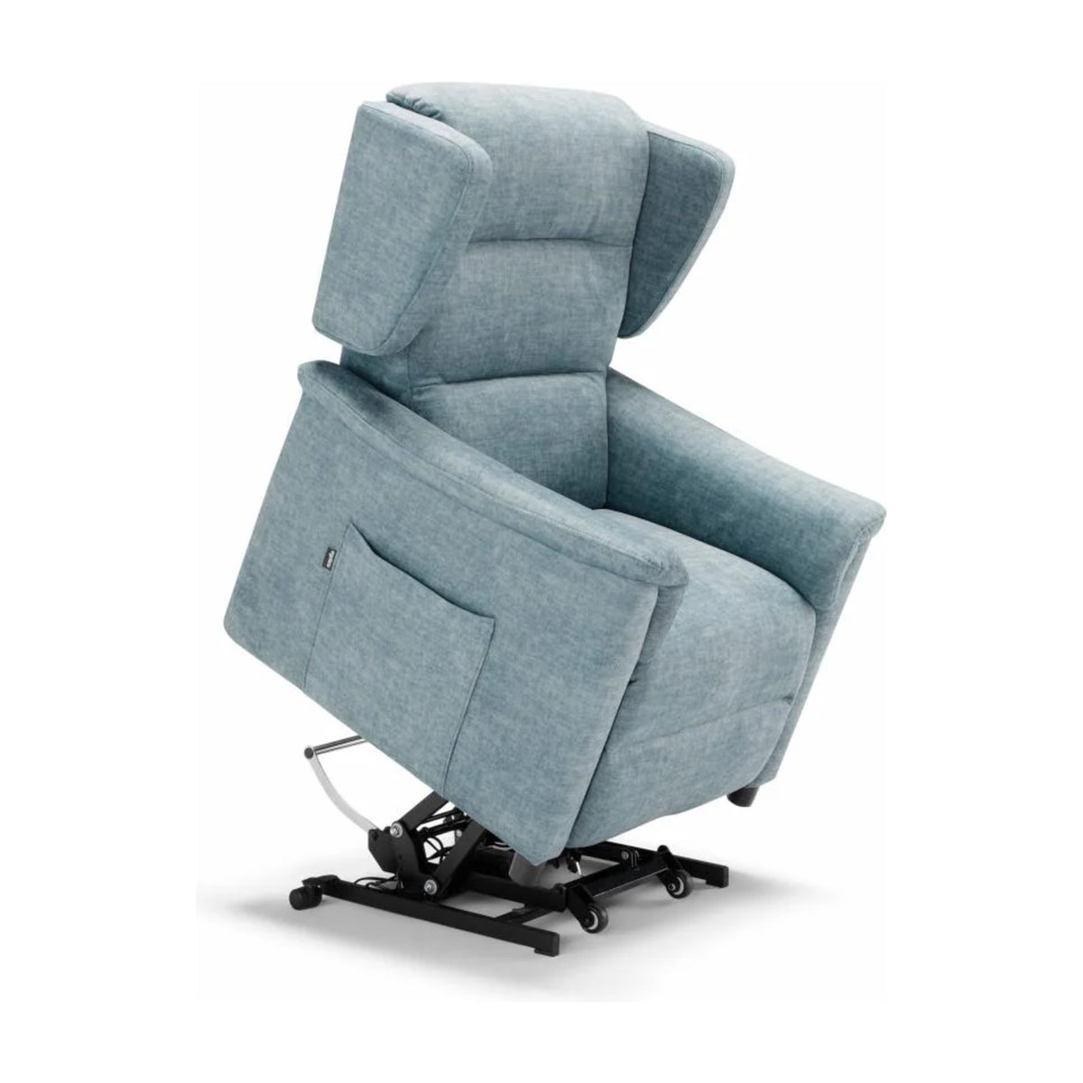 Lift Recliner Armchair Ester Light Blue Domestica – Lift Function Raised, Three Quarter View on White