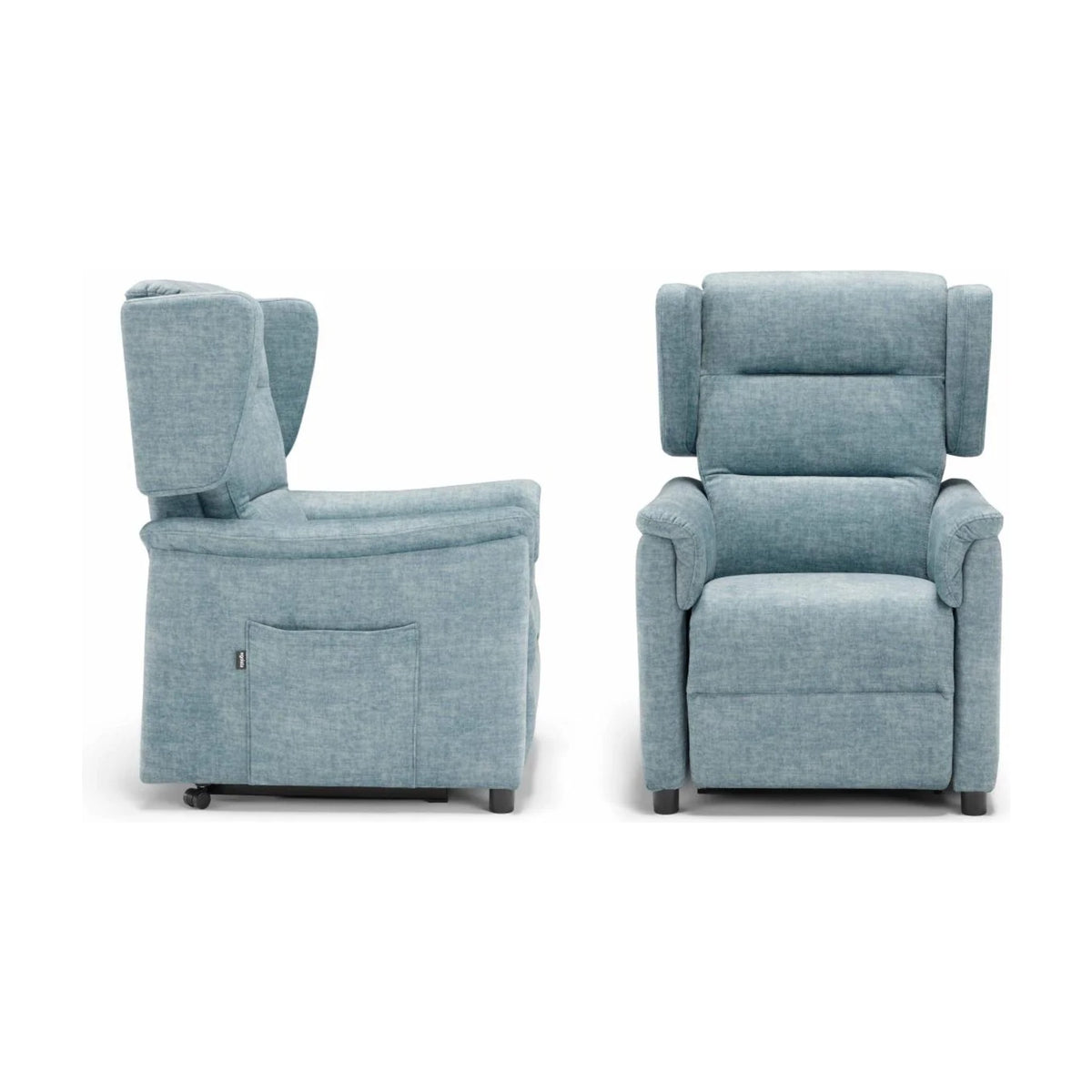 Lift Recliner Armchair Ester Light Blue Domestica – Side and Front Views on White