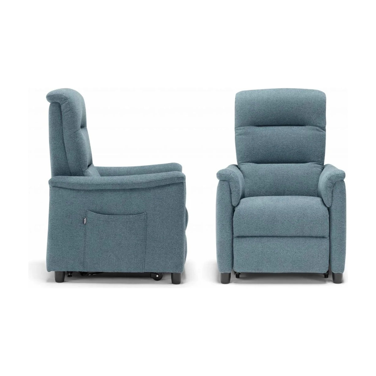 Lift Recliner Armchair Artemis Light Blue Domestica – Side and Front Views on White