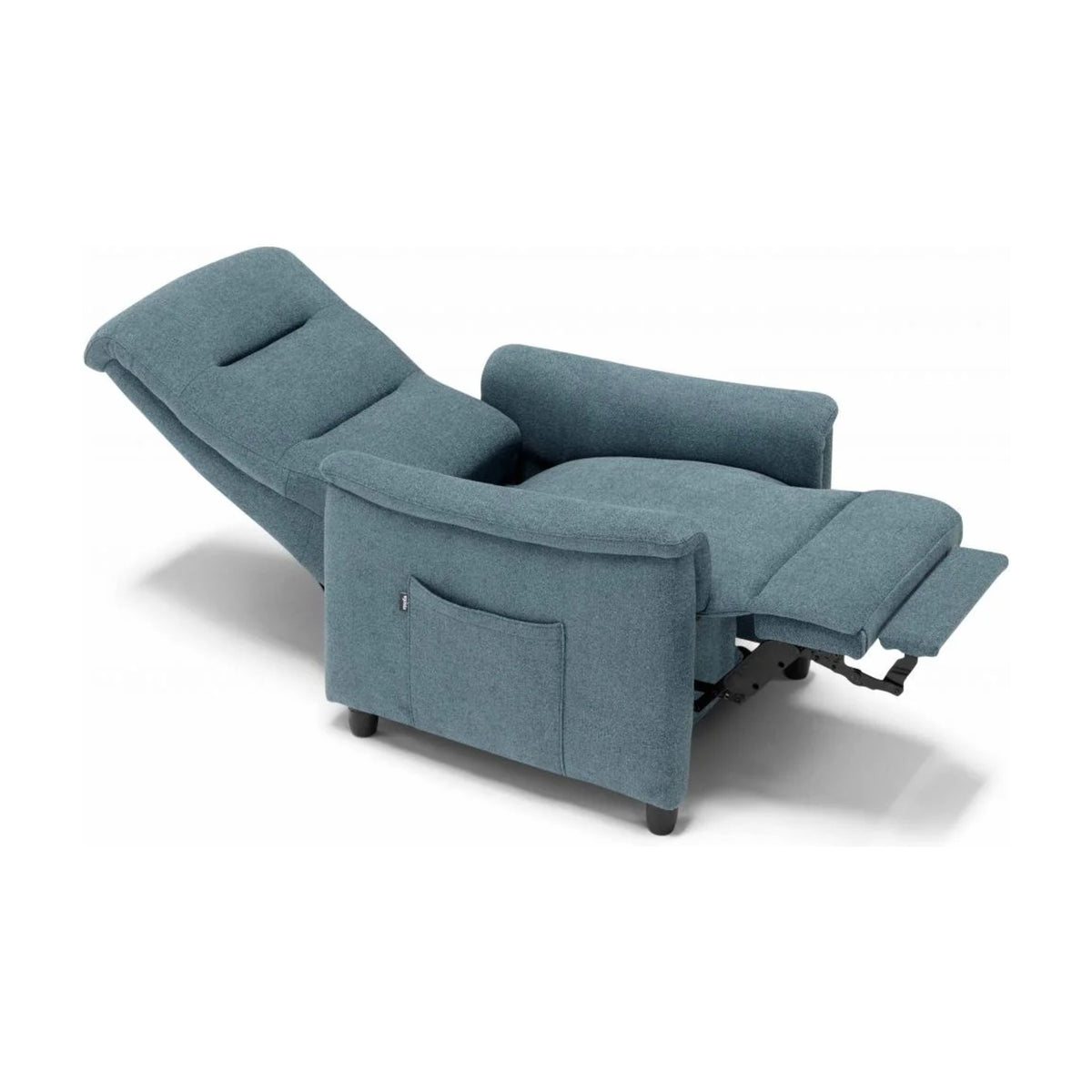 Lift Recliner Armchair Artemis Light Blue Domestica – Fully Reclined, Three Quarter View on White