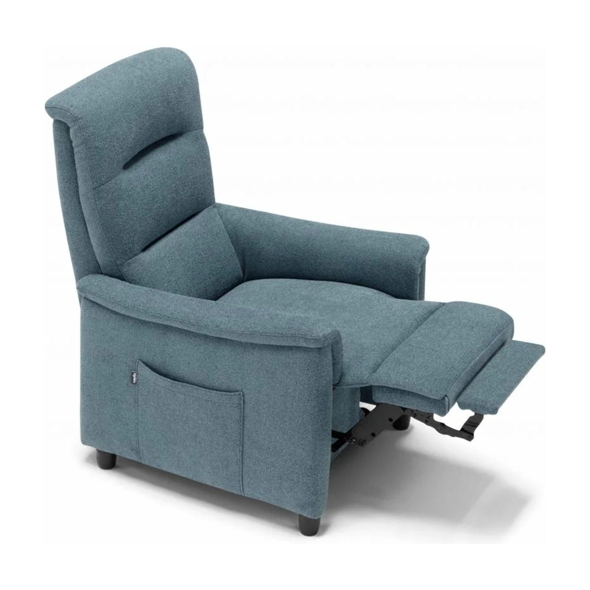 Lift Recliner Armchair Artemis Light Blue Domestica – Footrest Raised, Three Quarter View on White