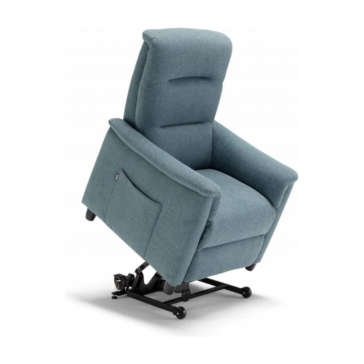 Lift Recliner Armchair Artemis Light Blue Domestica – Lift Function Raised, Three Quarter View on White
