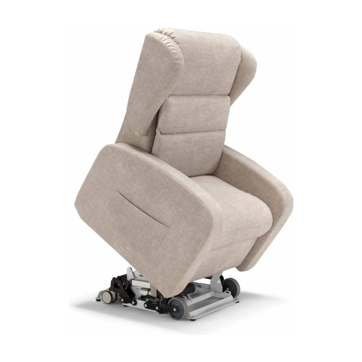 Medical Lift Recliner Armchair Empire Beige Domestica – Lift Function Raised, Three Quarter View on White