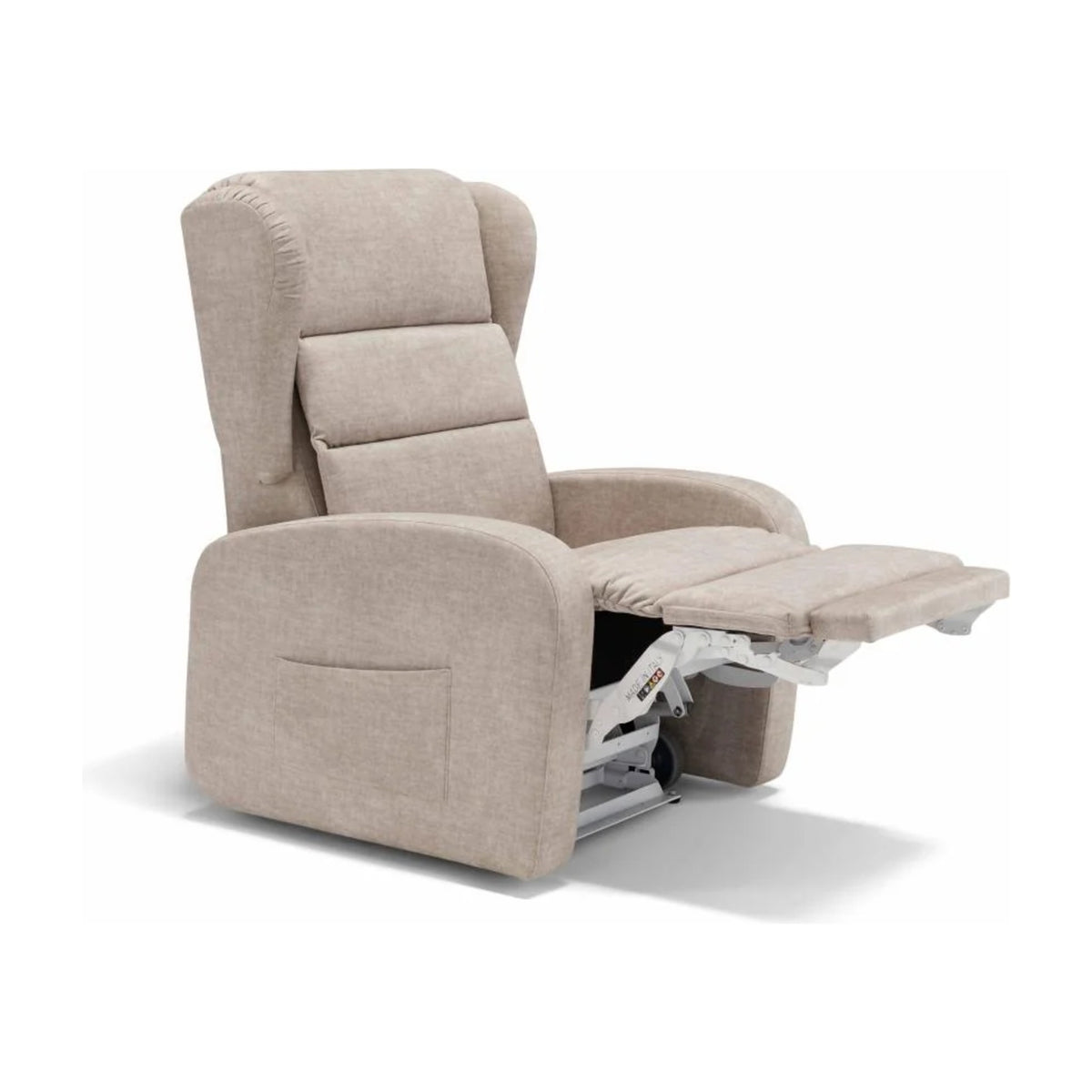 Medical Lift Recliner Armchair Empire Beige Domestica – Footrest Raised, Three Quarter View on White