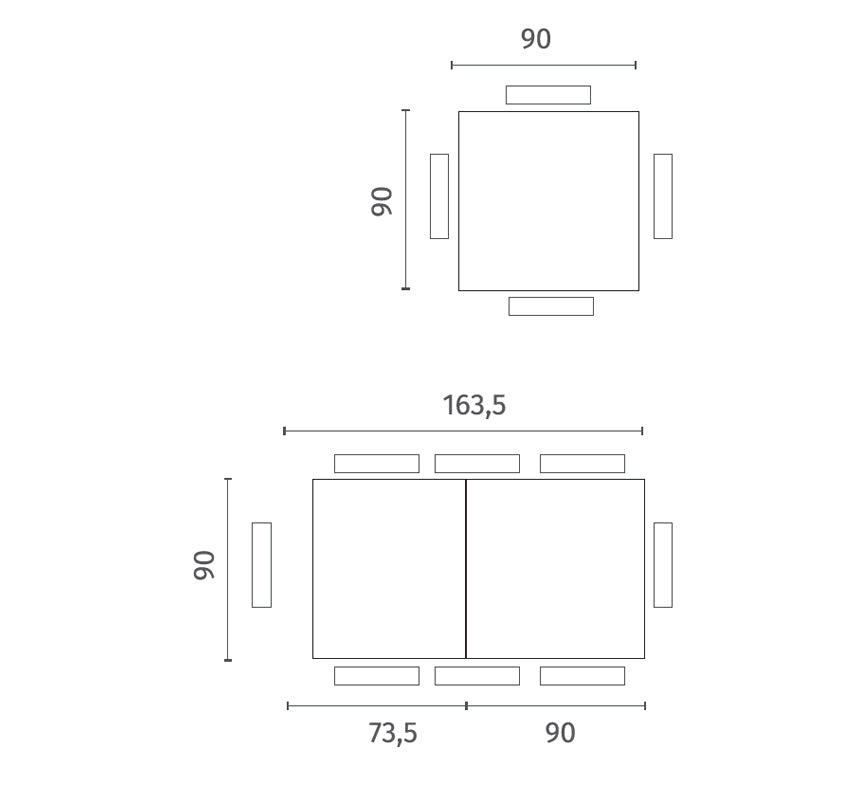 Extendable Dining Table Banner 90-163.5 cm Glass Grey Domestica – Dimensions Drawing