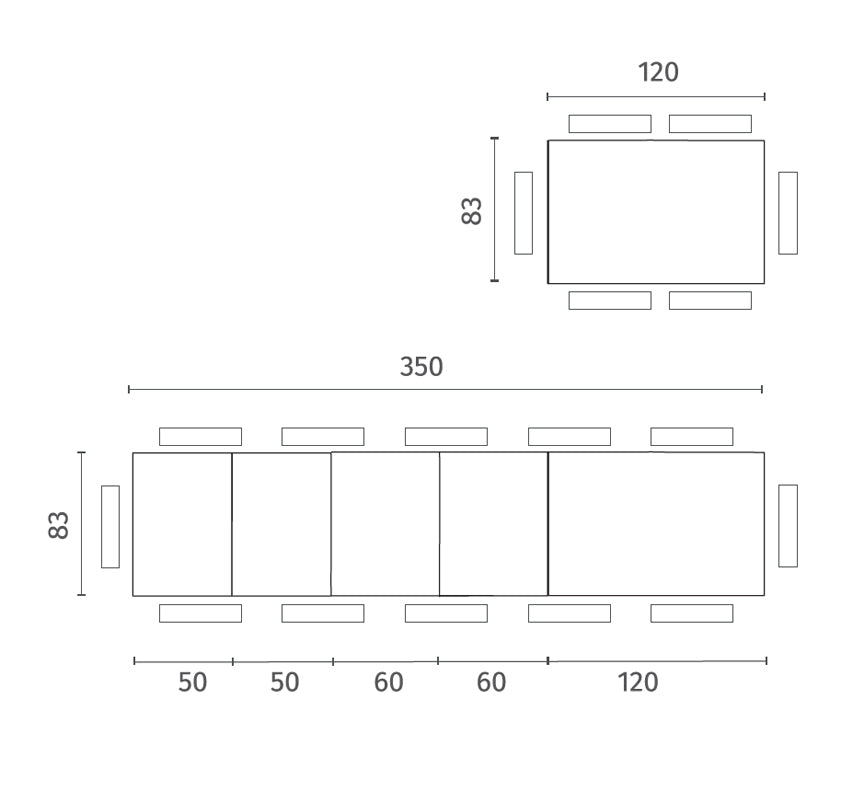 Extendable Dining Table Executive 120-350 cm Glass Grey Domestica – Dimensions Drawing