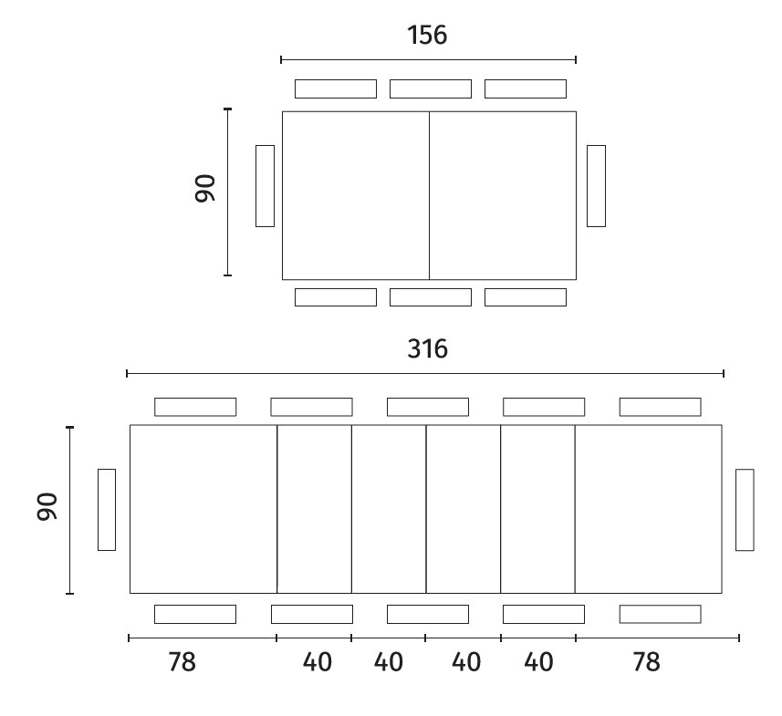 Extendable Dining Table Big 156-316 cm Anthracite Marble / Black Domestica – Dimensions Drawing