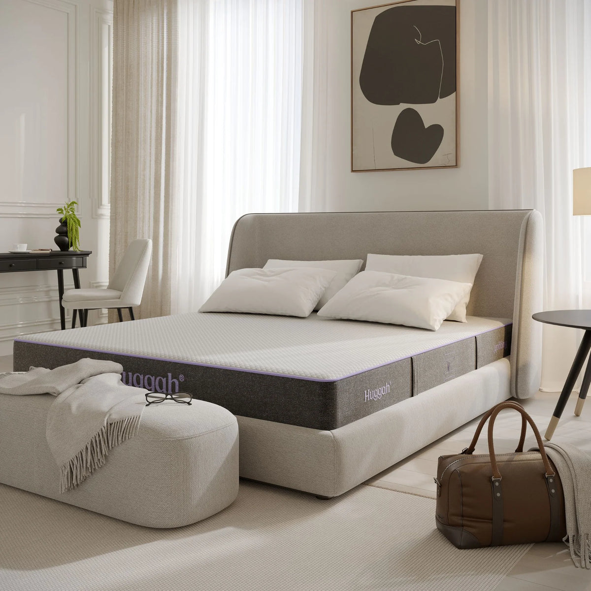 Mattress Huggah Domestica – Lifestyle – On an Upholstered Bed in a Bright Bedroom