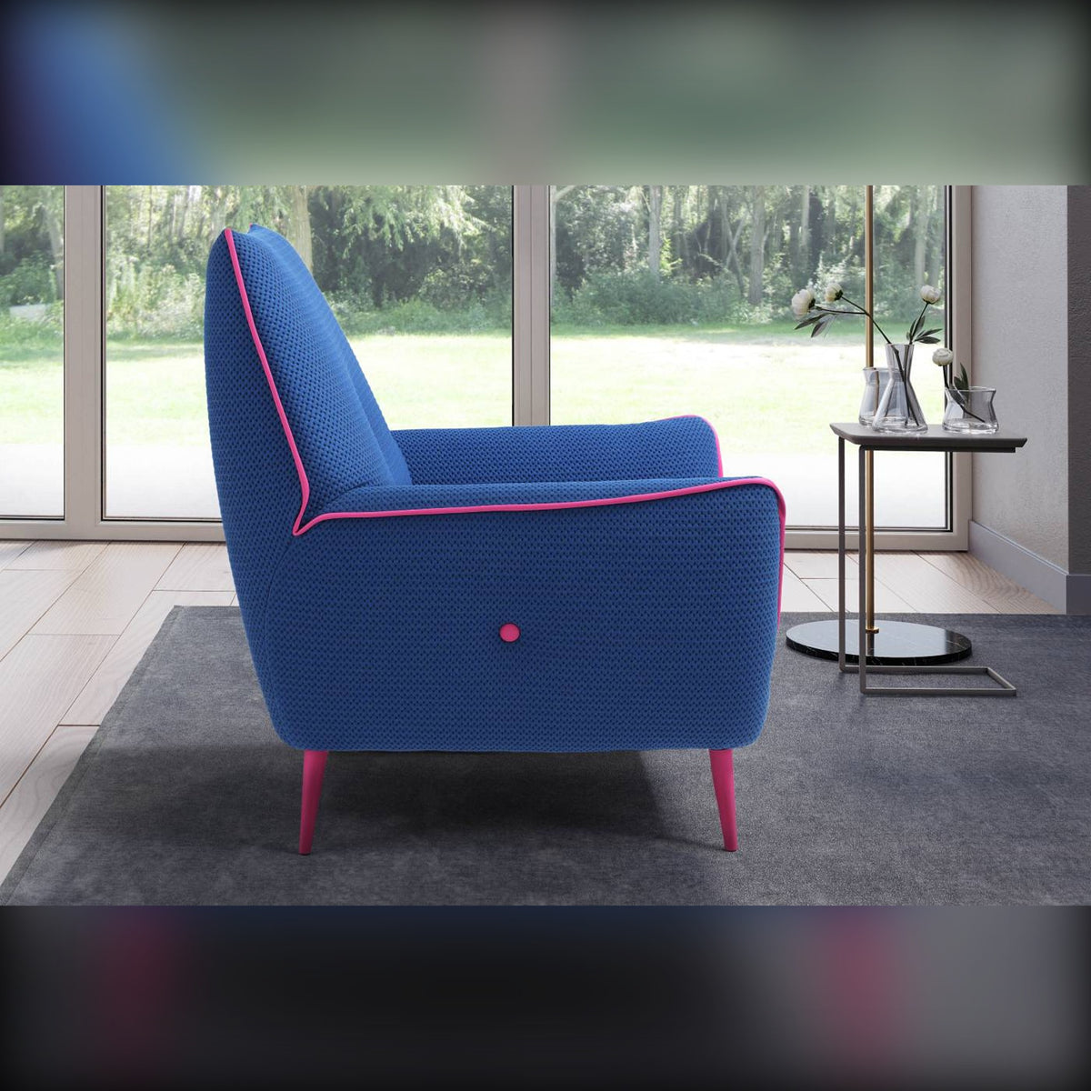 Armchair Yuki Poltroncina Teal Fuchsia Domestica – Lifestyle – Side View with Fuchsia Piping and Legs