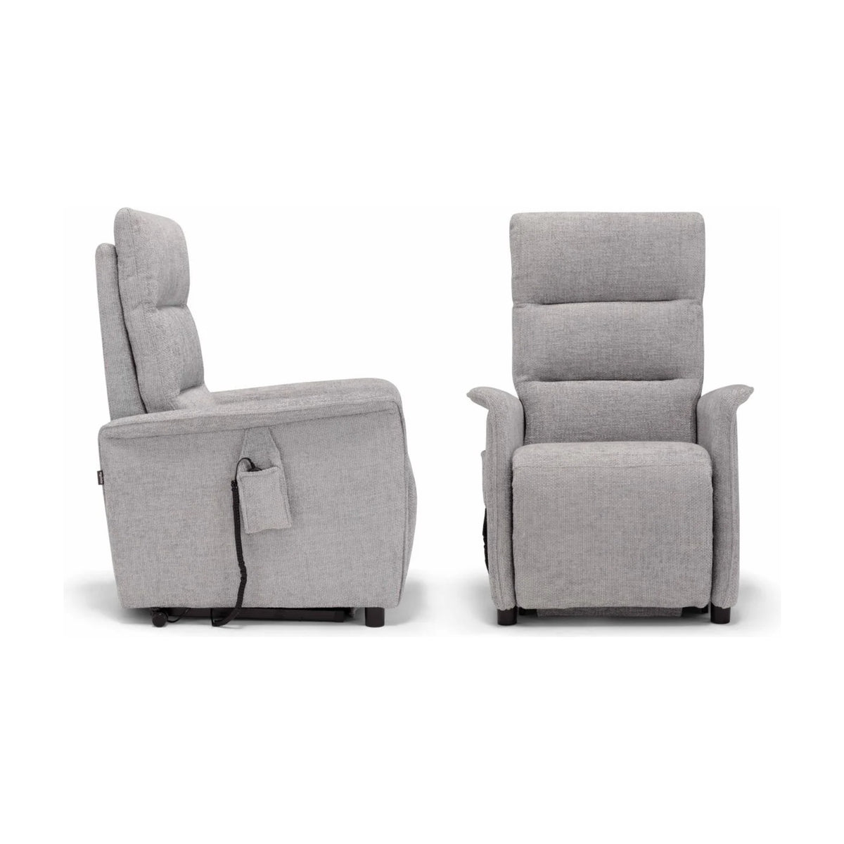 Compact Lift Recliner Armchair Piquet Light Grey Domestica – Side and Front Views on White
