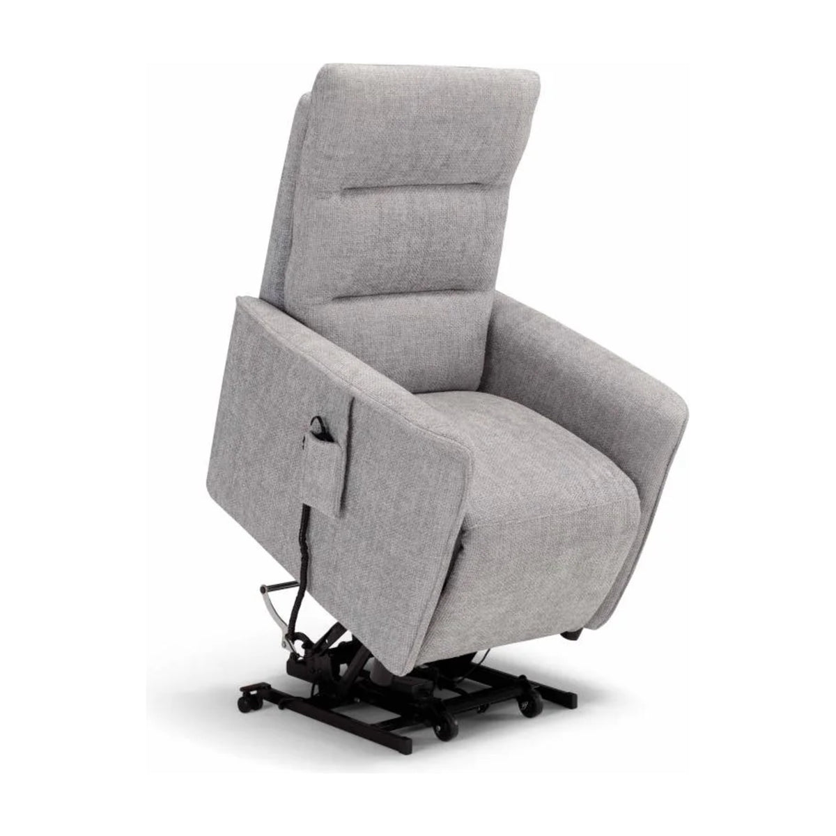 Compact Lift Recliner Armchair Piquet Light Grey Domestica – Lift Function Raised, Three Quarter View on White