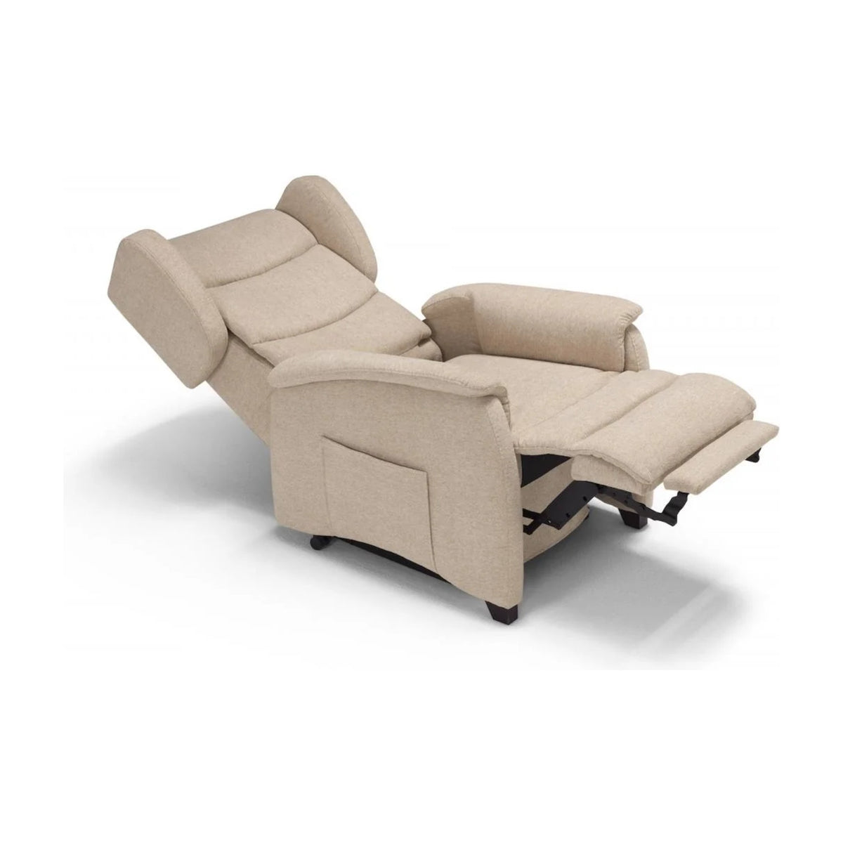 Lift Recliner Armchair Minù Beige Domestica – Fully Reclined, Three Quarter View on White