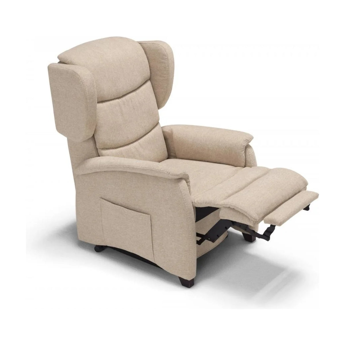 Lift Recliner Armchair Minù Beige Domestica – Footrest Raised, Three Quarter View on White