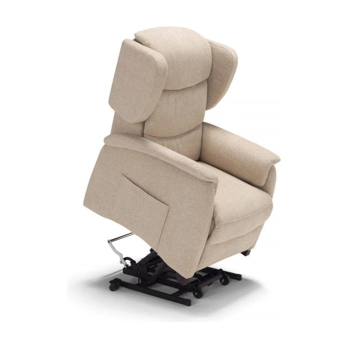 Lift Recliner Armchair Minù Beige Domestica – Lift Function Raised, Three Quarter View on White