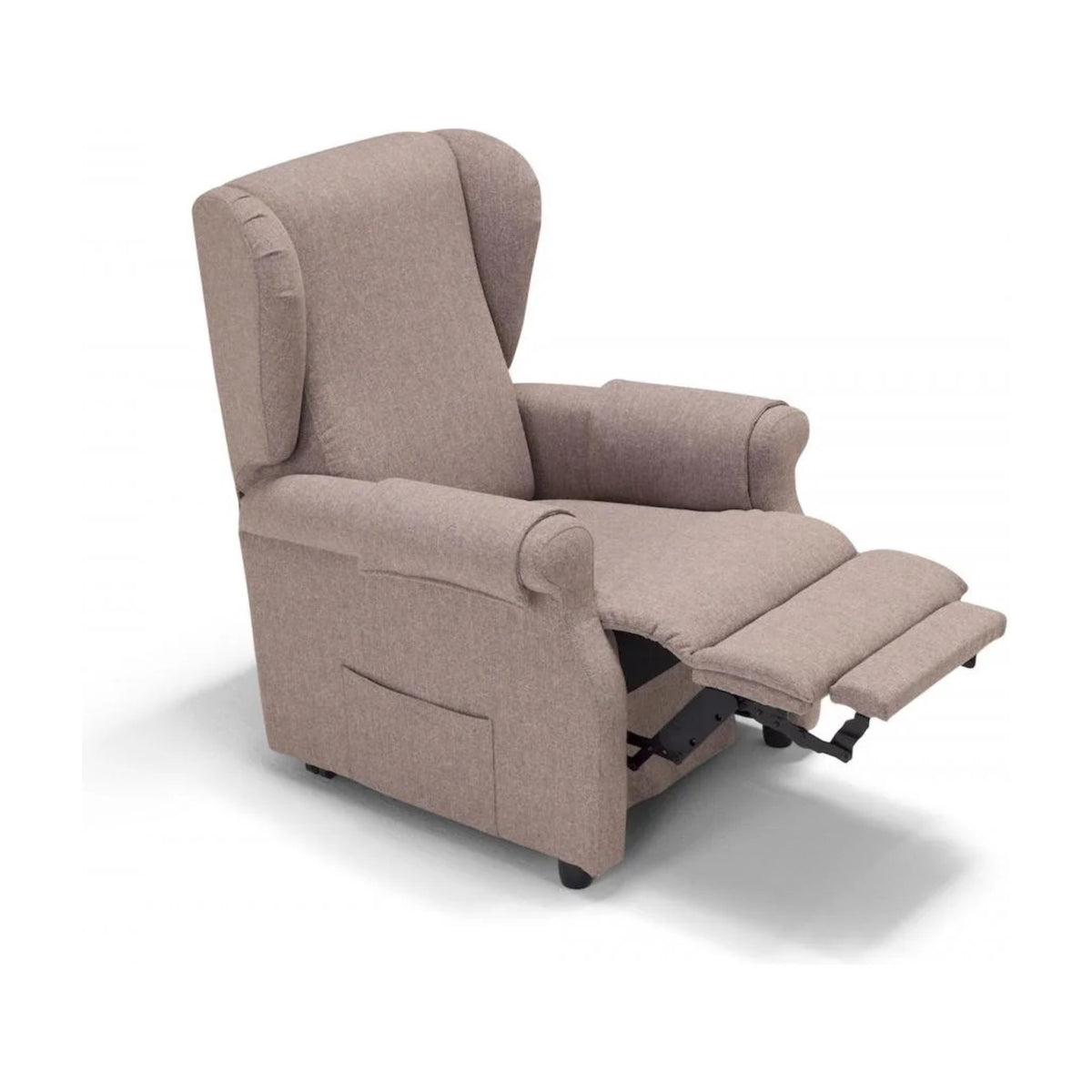 Lift Recliner Armchair Vanity Beige Domestica – Footrest Raised, Three Quarter View on White