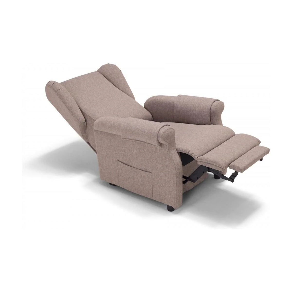 Lift Recliner Armchair Vanity Beige Domestica – Fully Reclined, Three Quarter View on White